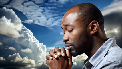 Wall Mural - Afro-American man praying with backdrop of heaven and clouds, boy turns to God,  christian religion concept, Generative AI,