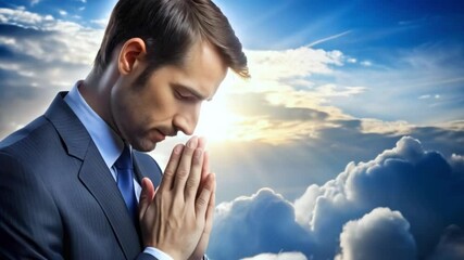 Wall Mural - man praying with backdrop of heaven and clouds, businessman turns to God,  christian religion concept, Generative AI,