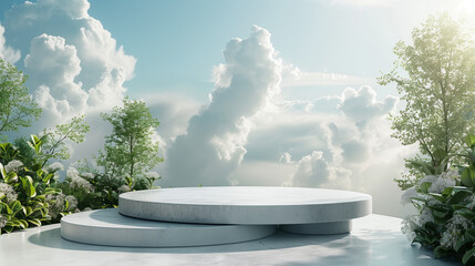 Wall Mural - Design a nature-themed podium set against a heavenly sky background for product presentations. Capture the essence of premium aesthetics with a touch of celestial allure, creative commons attributio