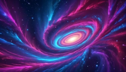 Wall Mural - A vibrant galaxy with swirling patterns of pink and blue, featuring a bright central core surrounded by luminous spirals and scattered stars in a dark space background