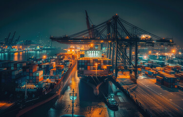 Canvas Print - A large container ship at the port, with cranes unloading containers onto it and cargo trucks nearby