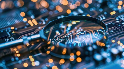 Poster - Circuit Board Under Magnifying Glass with Bokeh Lights