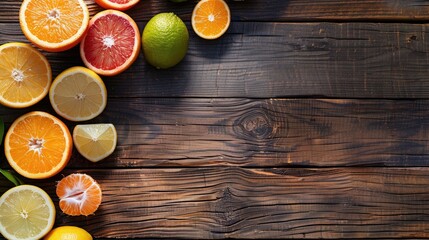 Wall Mural - Ripe citrus fruits on wooden surface Overhead view with room for text Edited picture