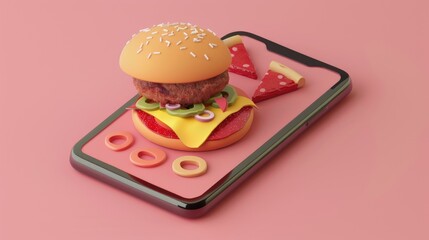 Poster - Mobile phone screen showing a 3D illustration of a pizza and burger for online food delivery, highlighting fast and easy ordering