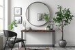 © JIALU - Entryway console table with metal legs, large circular mirror above, framed pictures on wall, black chair, cozy atmosphere in white room. High-quality product photo of home decor.