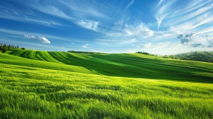 Wall Mural - Rolling green fields with a bright blue sky, providing a peaceful and beautiful backdrop for wallpaper