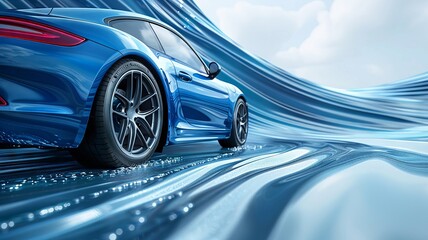 Blue sports car speeding on a wavy road