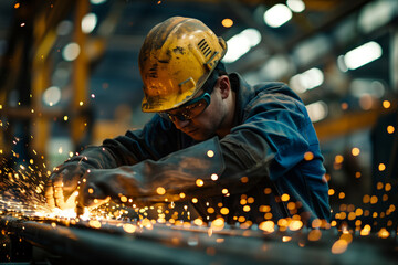 Poster - A Factory Worker's Focus: Grinding Metal Under Bright Lights