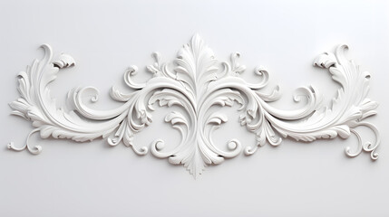 3D illustration of white decorative relief beautiful detailed ornament with acanthus leaves decoration in baroque style isolated on white background