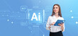 © ImageFlow - Businesswoman with tablet and AI technology hologram, chat bot icons
