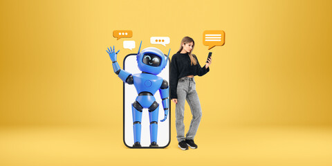 Poster - a woman is using a smartphone while standing next to a friendly