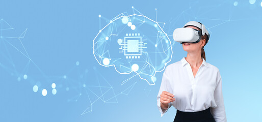 Poster - Businesswoman in vr glasses and AI brain glowing hud hologram