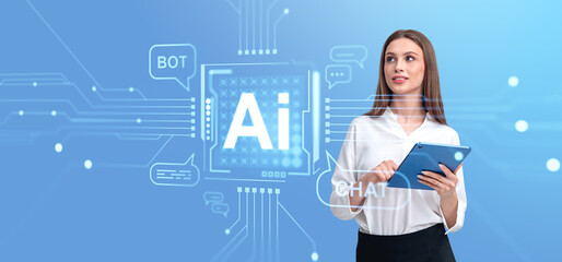 Poster - Businesswoman with tablet and AI technology hologram, chat bot icons