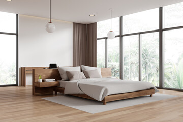 Sticker - Modern minimalist bedroom with large windows and wooden furniture. 3D Rendering