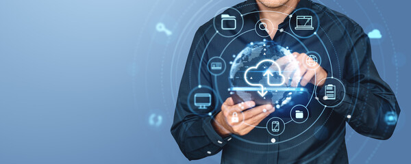 Poster - Man finger touch tablet, cloud service and global data icons. Copy space