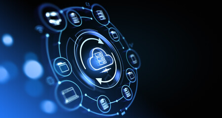 Poster - Cloud service storage hologram and backup, files synchronization sign