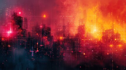 Wall Mural - Futuristic cityscape with neon lights and a fiery sky, showcasing a blend of technology and vibrant colors in a dystopian setting.