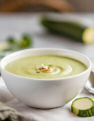 Poster - A creamy zucchini soup served in a white bowl, highlighting the freshness and smooth texture