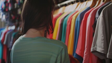 Poster - A woman standing in front of a rack of shirts