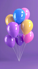 Wall Mural - 3d realistic colorful balloons on purple background in birthday style