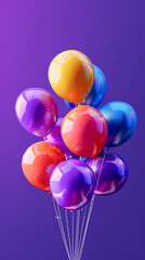 Wall Mural - 3d realistic colorful balloons on purple background in birthday style