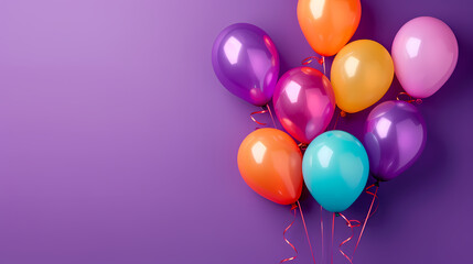 Wall Mural - 3d realistic colorful balloons on purple background in birthday style