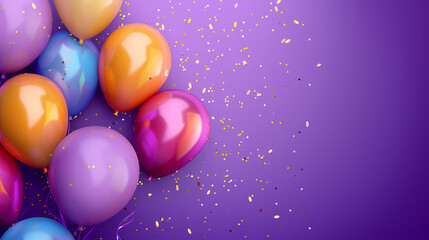 Wall Mural - 3d realistic colorful balloons on purple background in birthday style