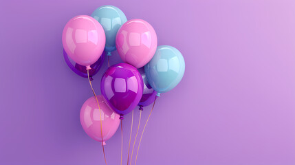 Wall Mural - 3d realistic colorful balloons on purple background in birthday style