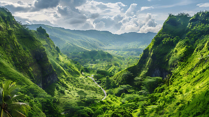 Wall Mural - a stunning mountainous landscape with a deep valley nestled between two large, rocky hills covered in lush green vegetation