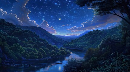 Starry night sky over a river valley with boat scene