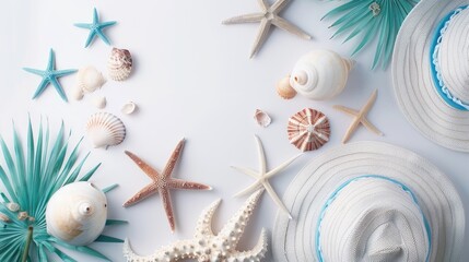 Beach themed objects on white background for beach vacation concept