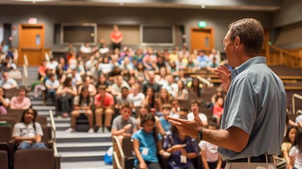 School principal addressing students at a back-to-school assembly, inspiring them with motivational words and setting the tone for the year