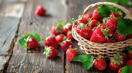 Poster - A basket of fresh strawberries with leaves, placed on a wooden table.