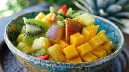 Wall Mural - A bowl of mixed tropical fruits including mango, pineapple, and kiwi.