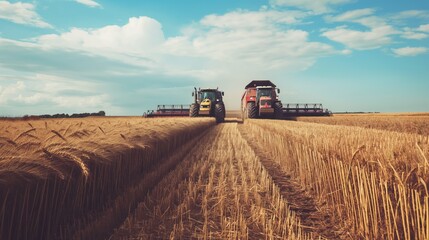 Two combines harvest wheat in a field, leaving trails of cut stalks behind them