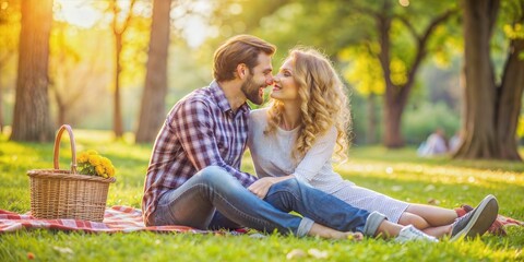 young couple in love having a date in a park on a sunny spring day.