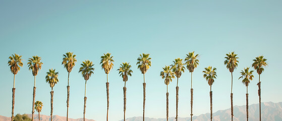 Wall Mural - a row of tall palm trees against a clear blue sky with mountains in the background