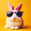 © Rizal - Cute easter concept holiday animal celebration greeting card- cool easter rabbit, rabbit with sunglasses, isolated on blue background