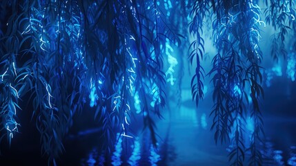 Wall Mural - A calming and cool backdrop where ice blue neon lights illuminate the delicate veins of willow tree leaves, creating a soft and tranquil riverside scene at twilight.