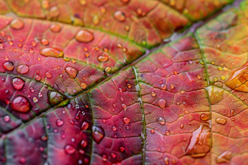 Vibrant Red And Green Leaves With Water Droplets: Nature'S Artistry For Botanical Prints And Eco-Friendly Product Packaging