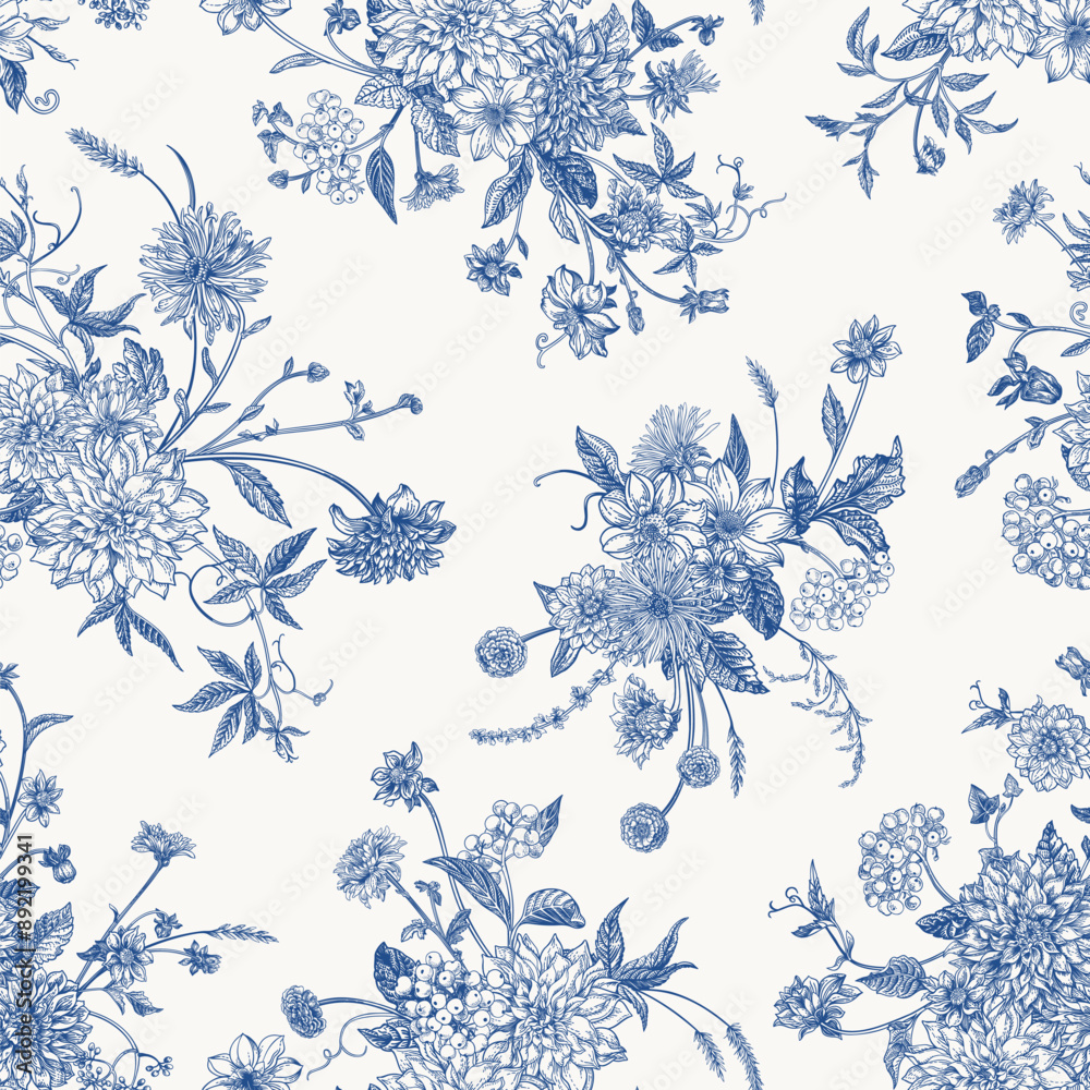 Seamless floral pattern in blue with bouquets of flowers. Vector ...