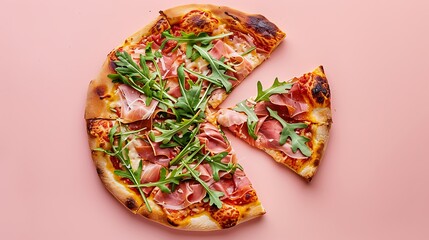 Wall Mural - Pizza prosciutto with arugula and one cut slice on pink background