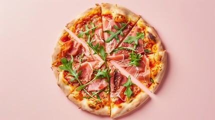 Wall Mural - Pizza prosciutto with arugula and one cut slice on pink background