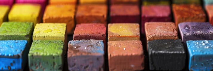 Poster - A close-up of colorful blocks with water droplets. AI.