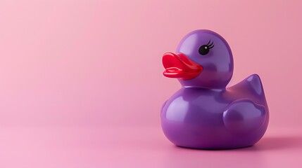 Wall Mural - Purple glamour rubber duck with red lips on pink background