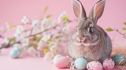 Rabbit with easter eggs on pink background