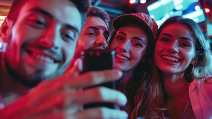 Canvas Print - A group of friends taking a selfie in a bar