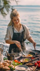 Poster - A woman cooking food on a grill by the water