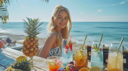 Poster - A woman sitting at a table with fruit and drinks