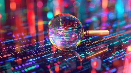 Magnifying Glass on a Digital Screen with Colorful Code